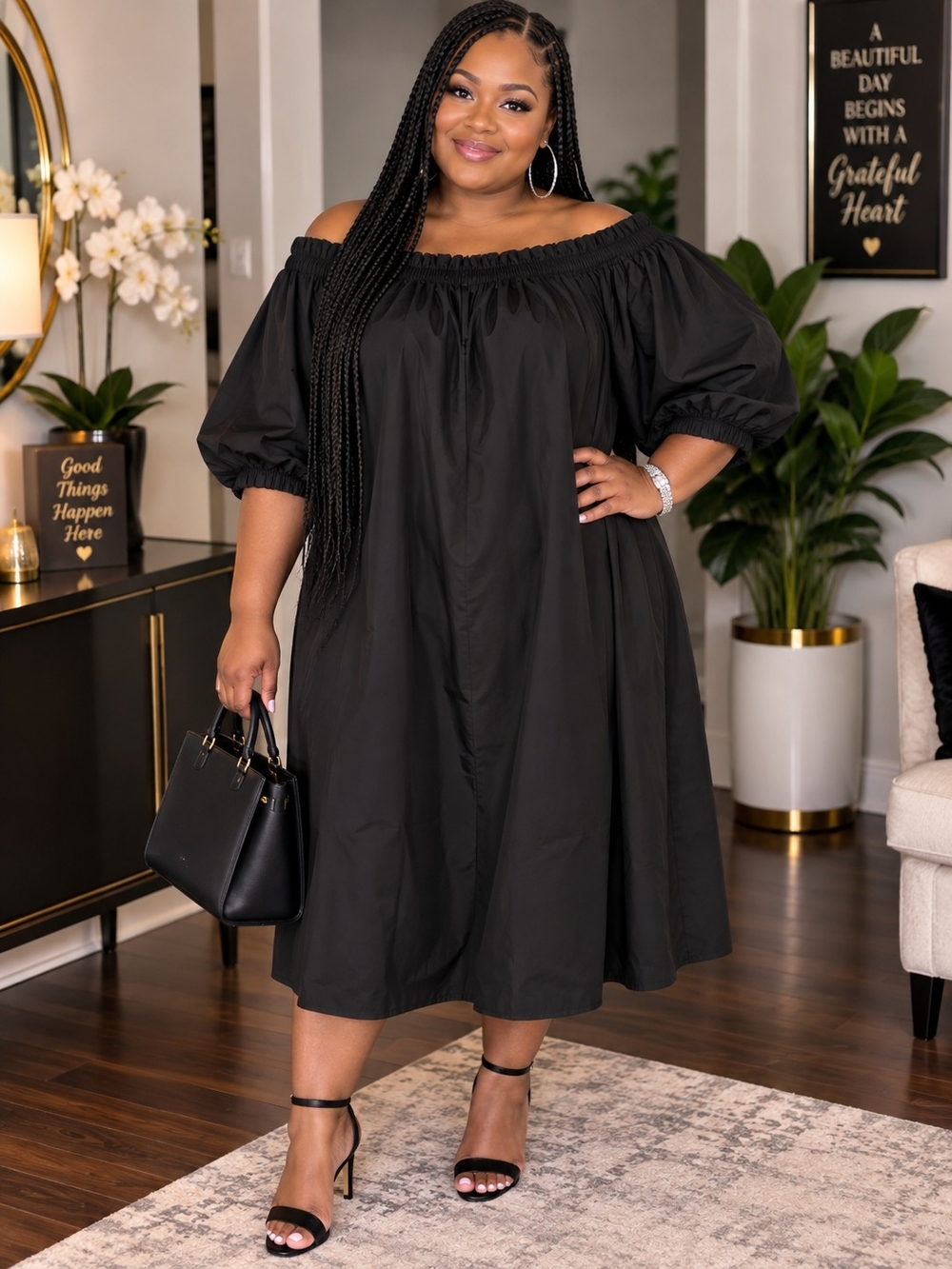 Plus Off-Shoulder Black Midi Dress